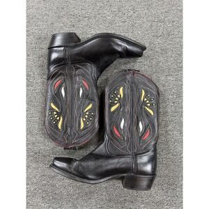 Vintage Acme Boot Boots Womens Size 6.5 Black Western Cowboy Leather Inlay Rodeo